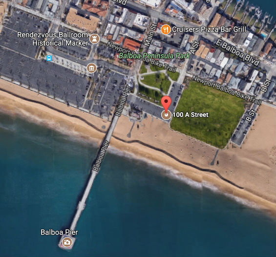 Google map of Junior Lifeguard Headquarters, located at 100 A Street, Newport Beach, CA. Link navigates to Google maps webpage.
